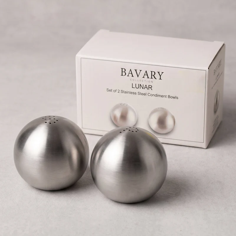 Bavary "Lunar" Küre / Yuvarlak Formlu Paslanmaz Çelik Tuzluk & Karabiberlik Seti – 2 Parça
