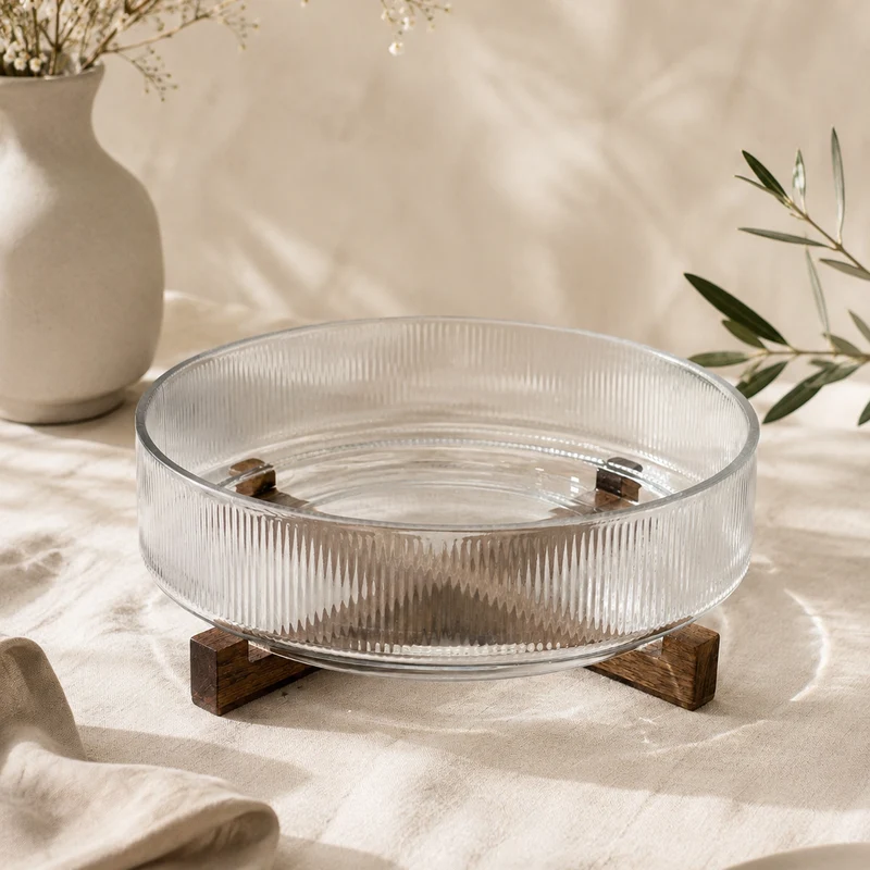 Bavary Cam Servis Kasesi kabartmalı met Ahşap Tutucu- Big Size | 30.5cm - 2.8L