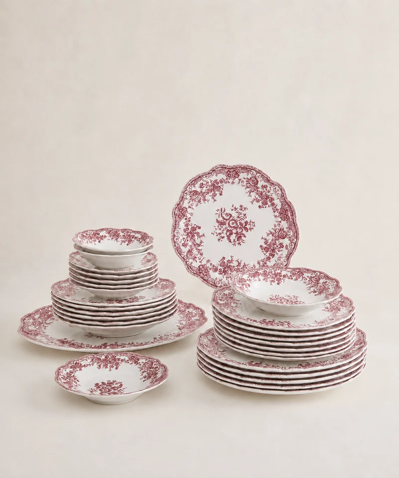 Vintage 25 parça 6 kişilik porselen yemek takımı- Pembe çiçek desenli