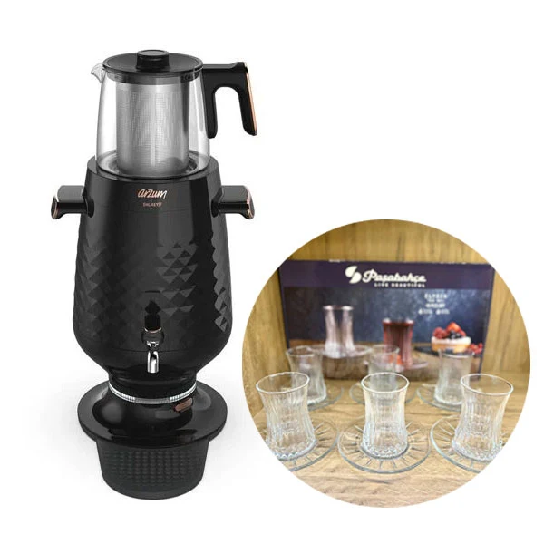 Paşabahçe Arzum Ehlikeyf Elektrikli Semaver | Siyah | AR3083-Tea Maker + Elysia Sade 12 Parça Çay Seti 950054