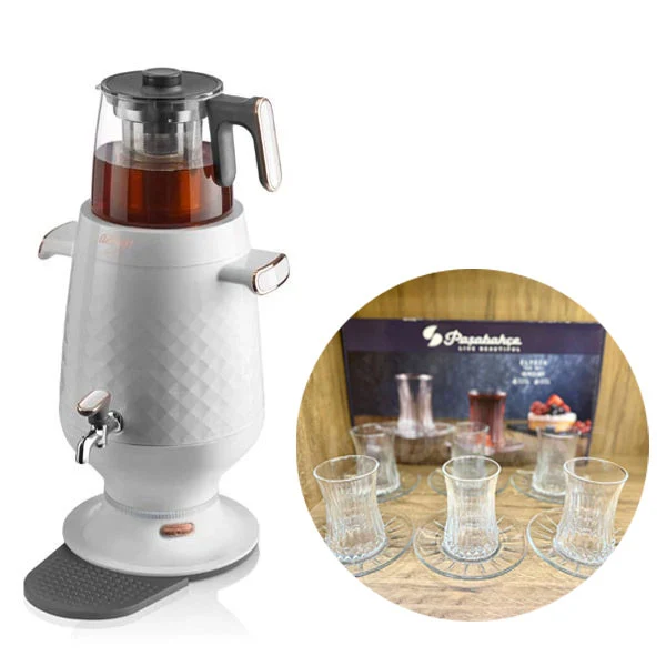 Paşabahçe Arzum Ehlikeyf Elektrikli Semaver | Beyaz + Elysia Sade 12 Parça Çay Seti 950054