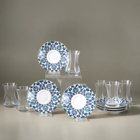 Karaca Edirne 6 Kişilik 12 Parça Bone China Türk Çay Takımı, 130 ml, Çok Renkli