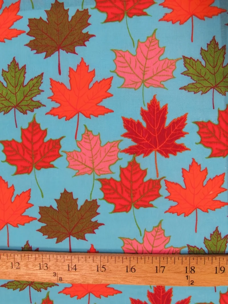 Autumn Leaves Turquoise Cotton Polyester Fabric