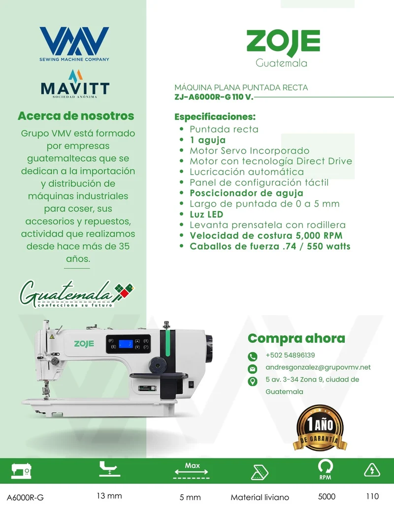 MÁQUINA DE COSER PLANA ZOJE ZJ-A6000R-G 110 V.