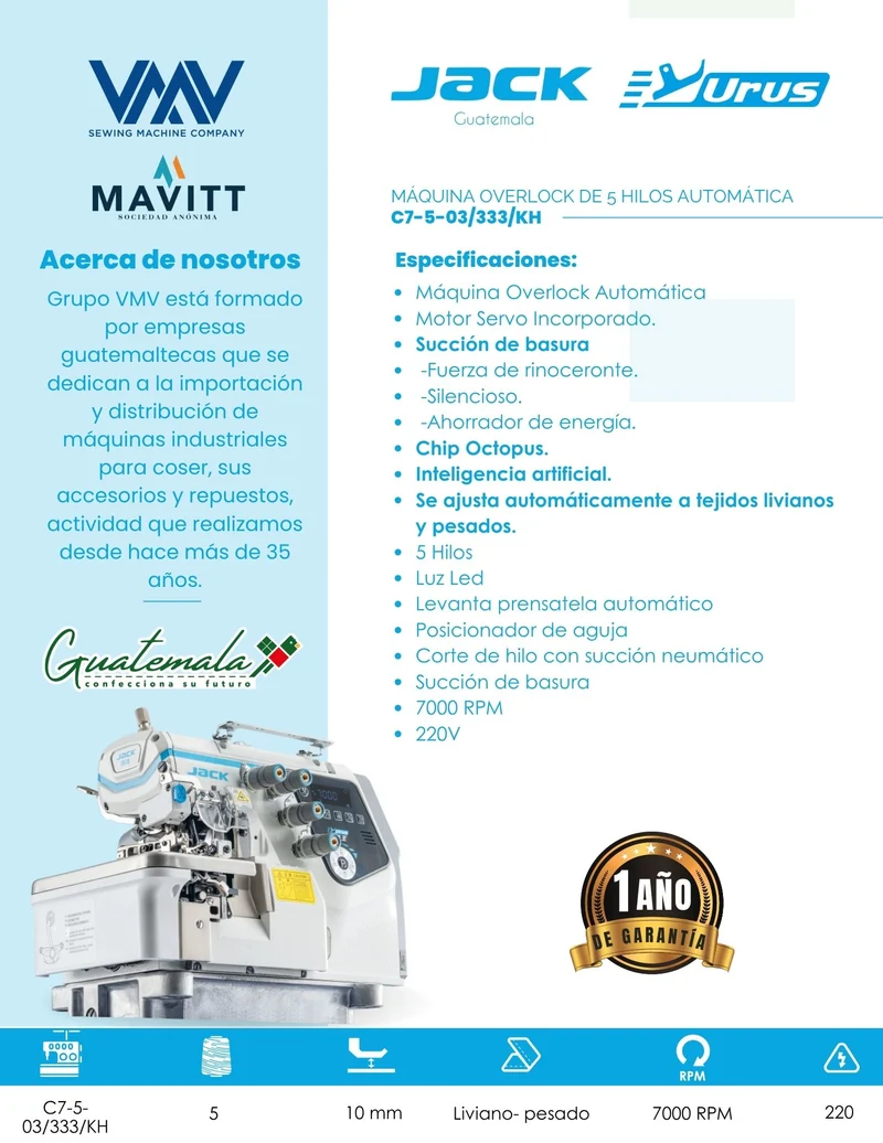 MÁQUINA DE COSER OVERLOCK DE 5 HILOS JACK C7-5-03/333-KH