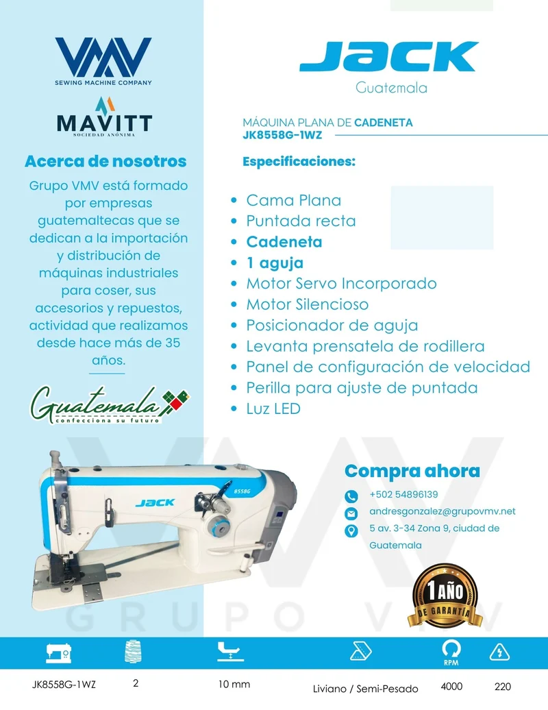 MÁQUINA DE COSER JACK PLANA PUNTADA DE CADENETA DE 1 AGUJA JK-8558G-1WZ
