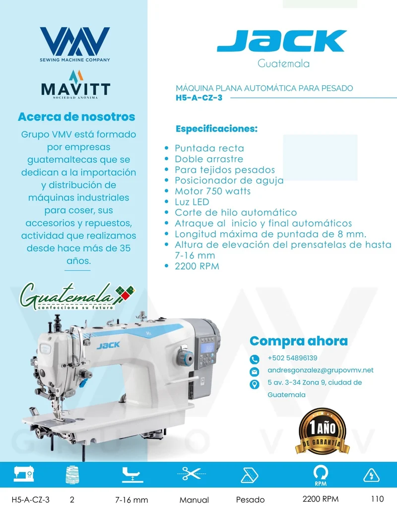 MÁQUINA DE COSER PLANA DE DOBLE ARRASTRE AUTOMÁTICA JACK H5-A-CZ-3