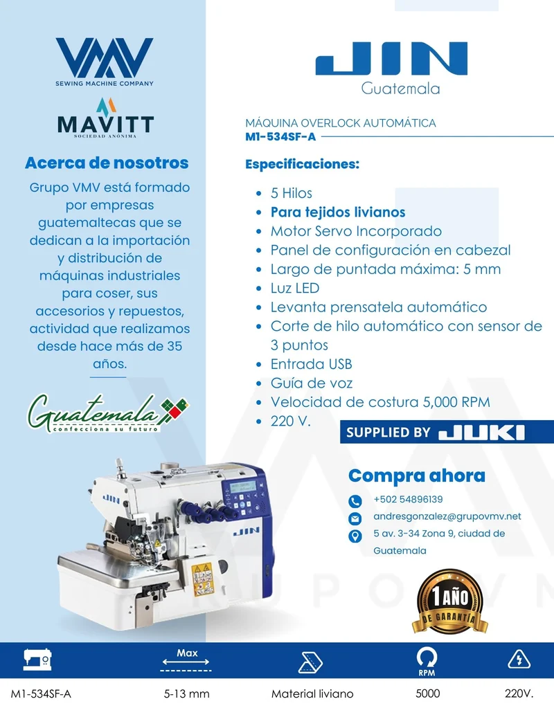 MÁQUINA DE COSER OVERLOCK DE 5 HILOS AUTOMÁTICA JIN M1-534SF-A