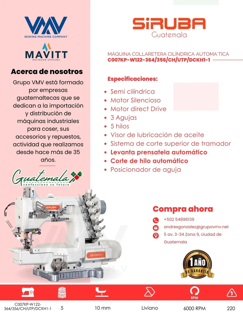 Máquina de coser Collaretera Cilíndrica automática Siruba C007KP-W122-364/356/CH/UTP/DCKH1-1