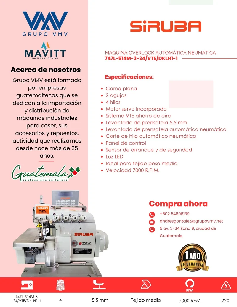 Máquina de coser Overlock Siruba 747L-514M-3-24/VTE/DKLH1-1