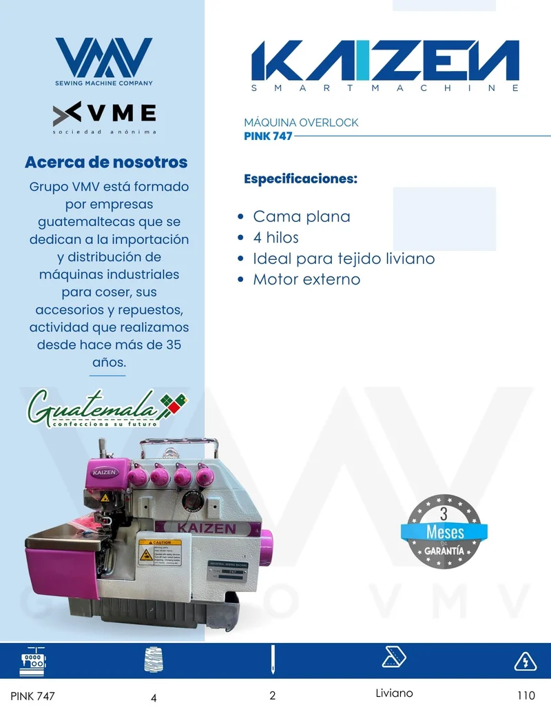 MÁQUINA DE COSER OVERLOCK KAIZEN 747 PINK DE 4 HILOS SUMERGIDA