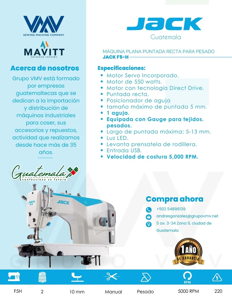 MÁQUINA DE COSER PLANA PUNTADA RECTA PARA PESADO JACK F5H