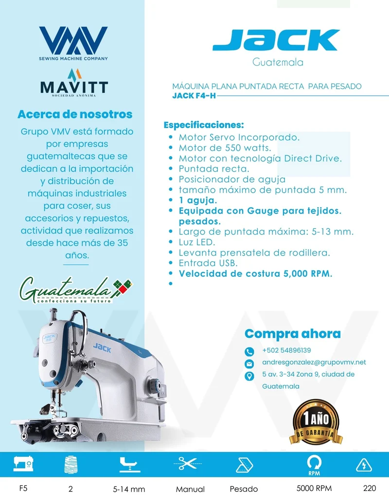 MÁQUINA DE COSER PLANA PUNTADA RECTA PARA PESADO JACK F4H