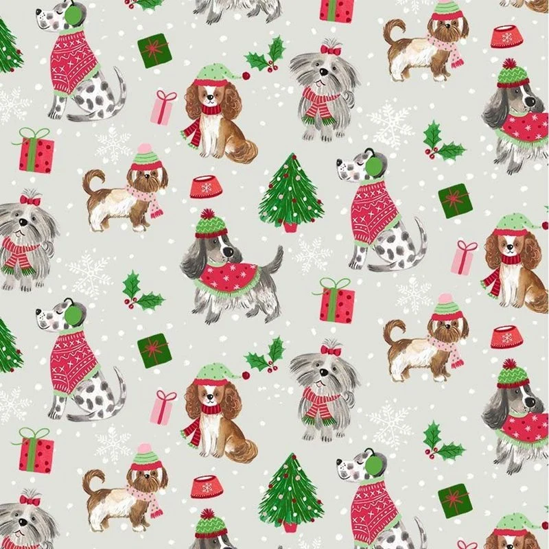 Christmas Dogs on Gray 100% Cotton Price per Yard