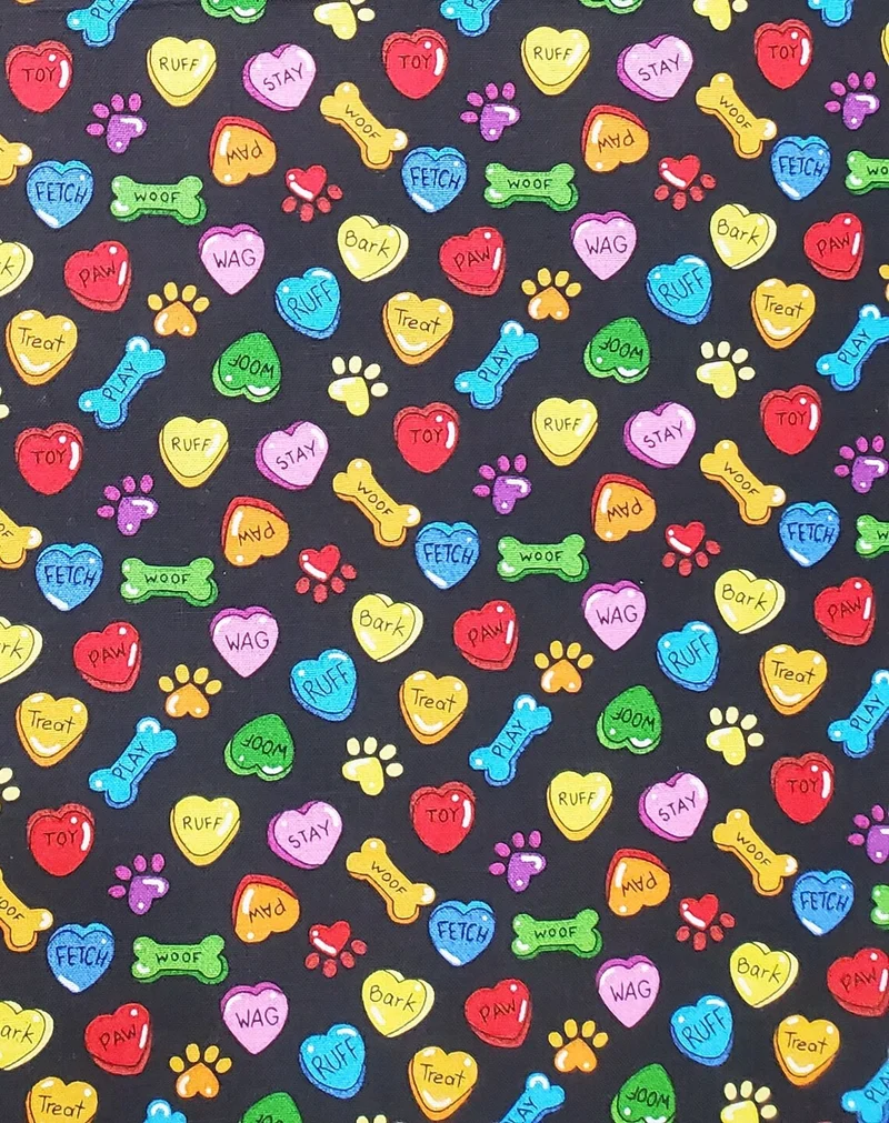 Dog Puppies Bones Paws and Hearts on Black Novelty 100% Cotton Price Per Yard