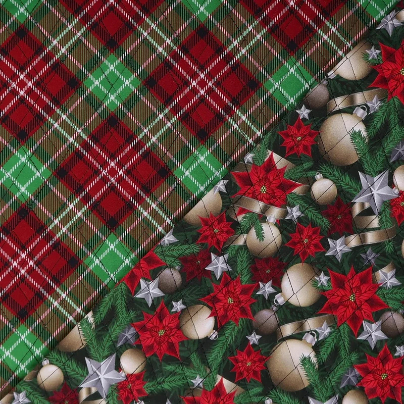 Double Faced Prequilted Christmas Gold Ornaments Poinsettias Plaid By the Yard
