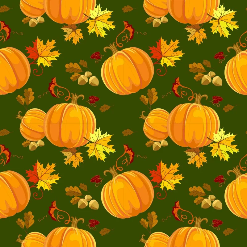 Pumpkins and Leaves on Green 100% Cotton Fabric