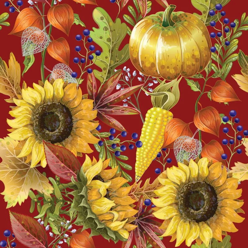 Pumpkins and Sunflowers on Burgundy 100% Cotton Fabric