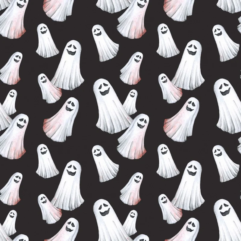 Halloween Spooky Smiling Ghosts on Black 100% Cotton Fabric