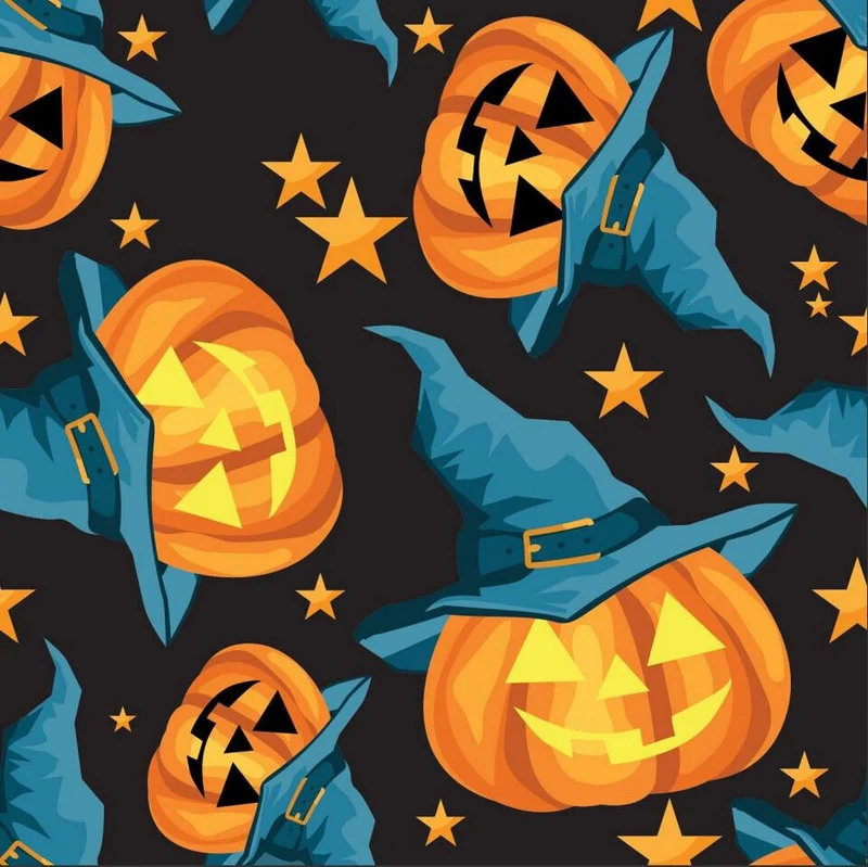 Halloween Smiling Pumpkins Jack o Lantern on Black 100% Cotton
