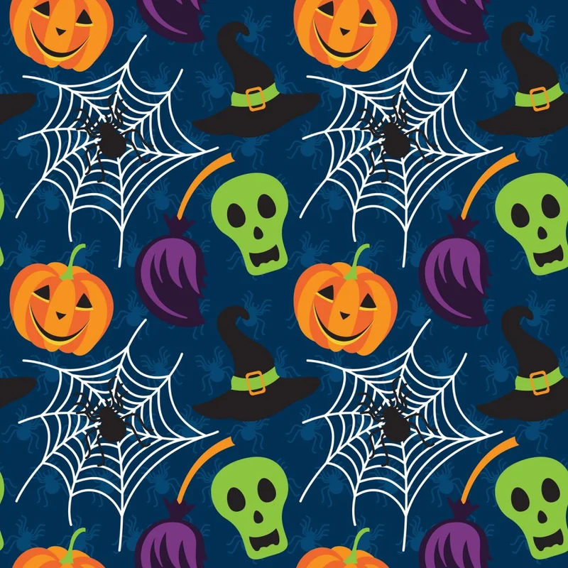 Halloween Pumpkin Skull Spiderweb on Blue 100% Cotton Fabric