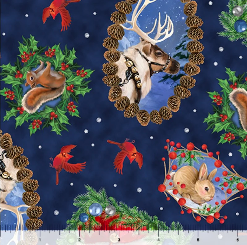 Christmas Santa and Animal Portrait Toss on Blue 100% Cotton Price per Yard