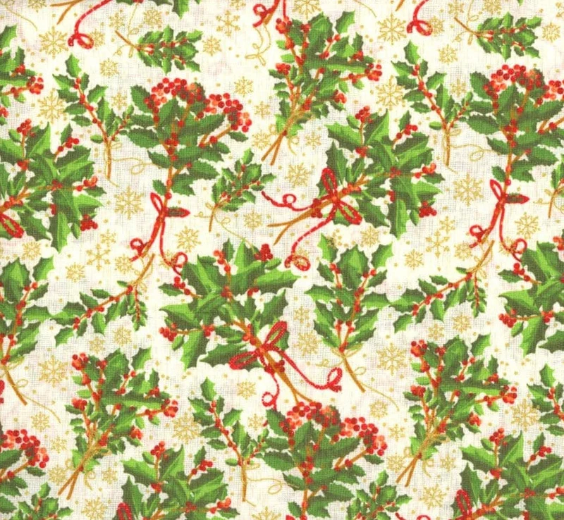 Holly and Gold Metallic Snowflakes on White Ivory