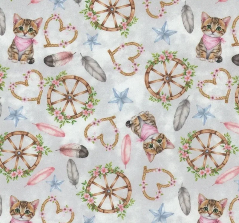 Tossed Cats Kittens Western Icons on Grey 100% Cotton Price per Yard Novelty