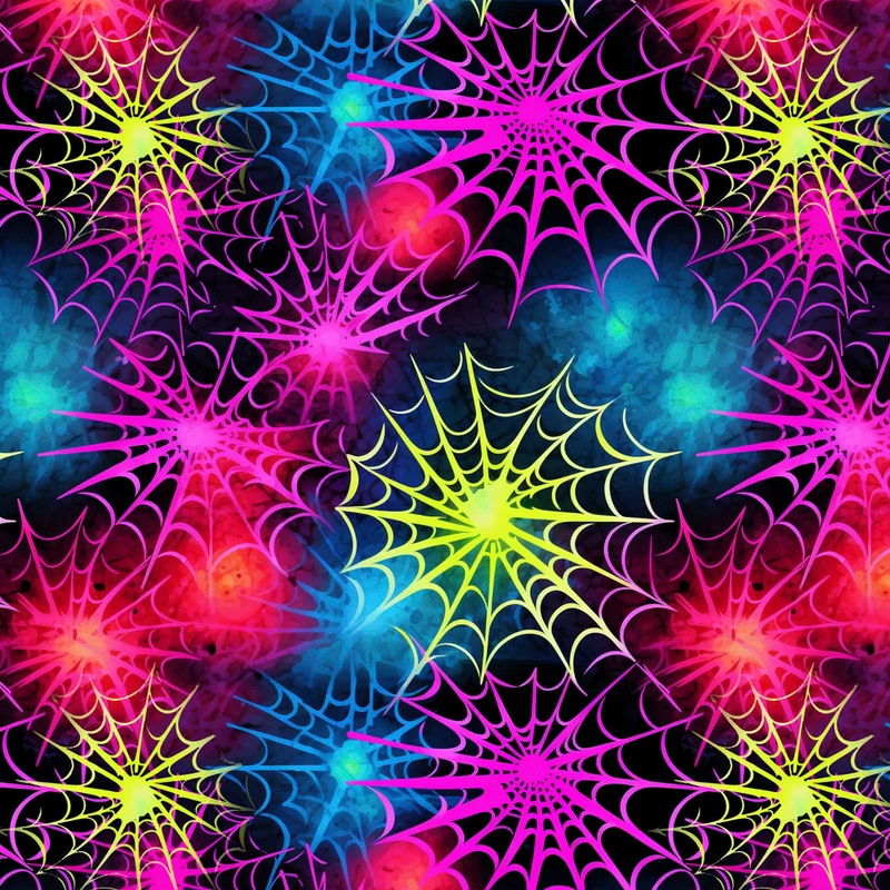 Halloween Neon Spiderwebs on Black 100% Cotton