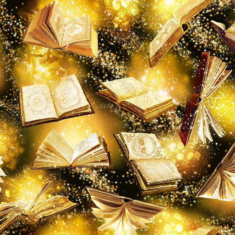 Halloween Gold Book of Spells on Black 100% Cotton Fabric Price per Yard