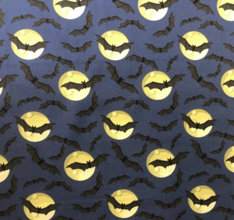 Halloween Bats Full Moon on Blue 100% Cotton Fabric