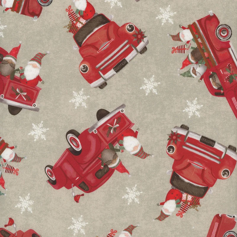 Christmas Truck And Gnome on Beige Let It Snow 100% Cotton Fabric