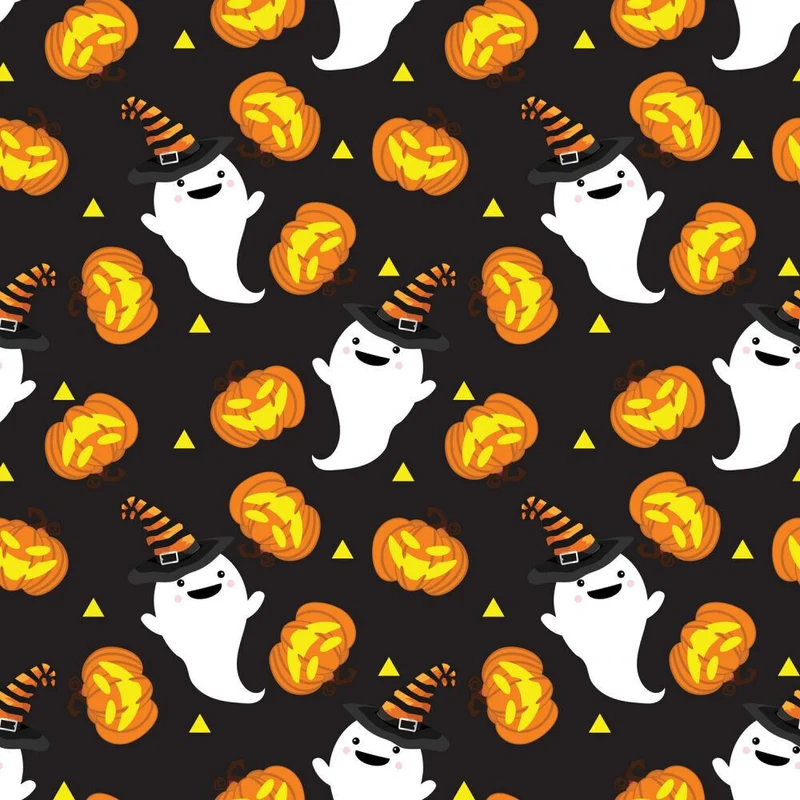 Halloween Ghosts and Pumpkins on Black 100% Cotton
