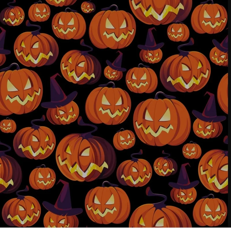 Halloween Smiling Pumpkin Jack o Lantern with Witches Hats on Black 100% Cotton Fabric