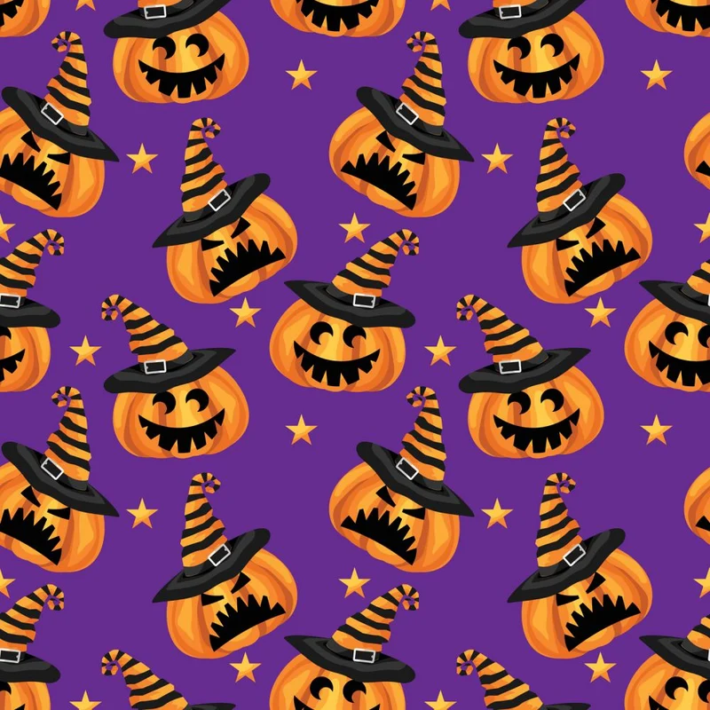 Halloween Mischievous Pumpkins on Purple 100% Cotton Price per Yard
