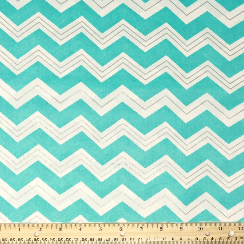 Stitch & Sparkle 100% Cotton, 44" Wide, Cut by the Yard, Chevron Aqua White Silver