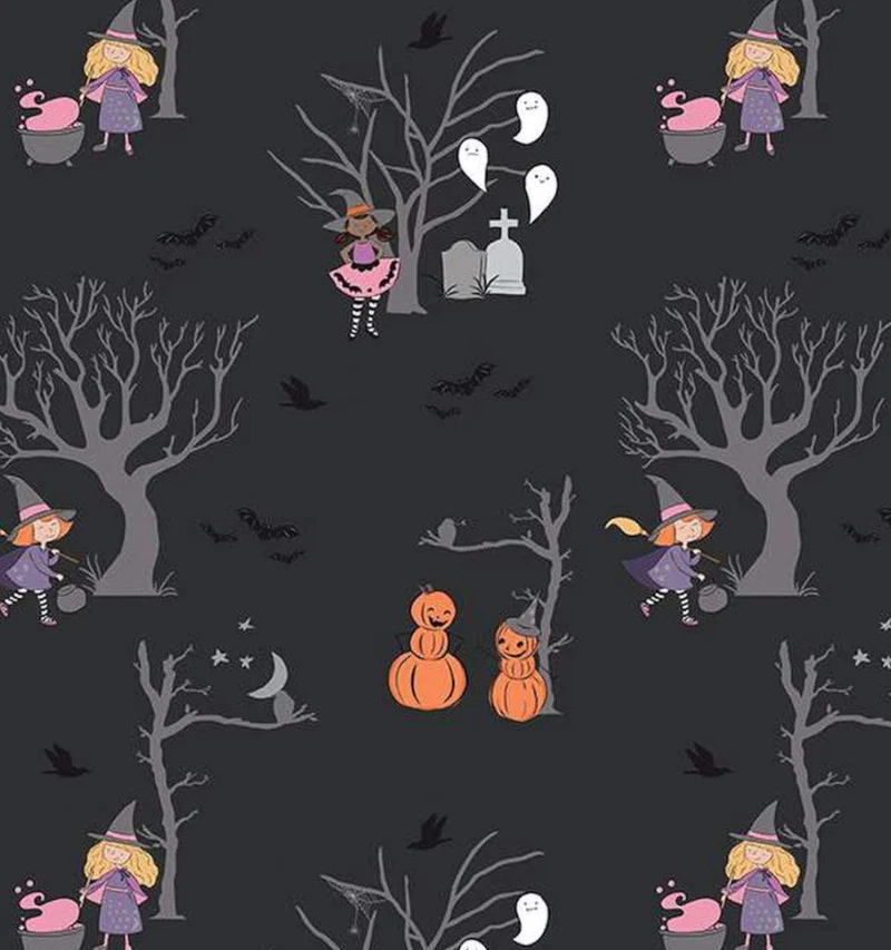 Halloween Witch Trees Pumpkins Sparkle on Black 100% Cotton Price Per Yard