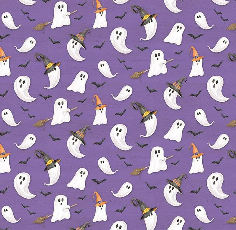 Halloween Ghosts in Witches Hats Brooms and Bats on Purple 100% Cotton Price Per Yard