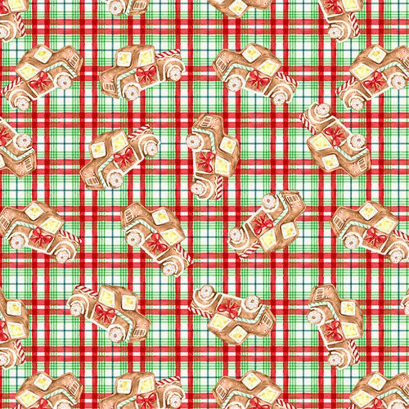 Christmas Gingerneering Gingerbread Trucks Plaid on Cream 100% Cotton By the yard