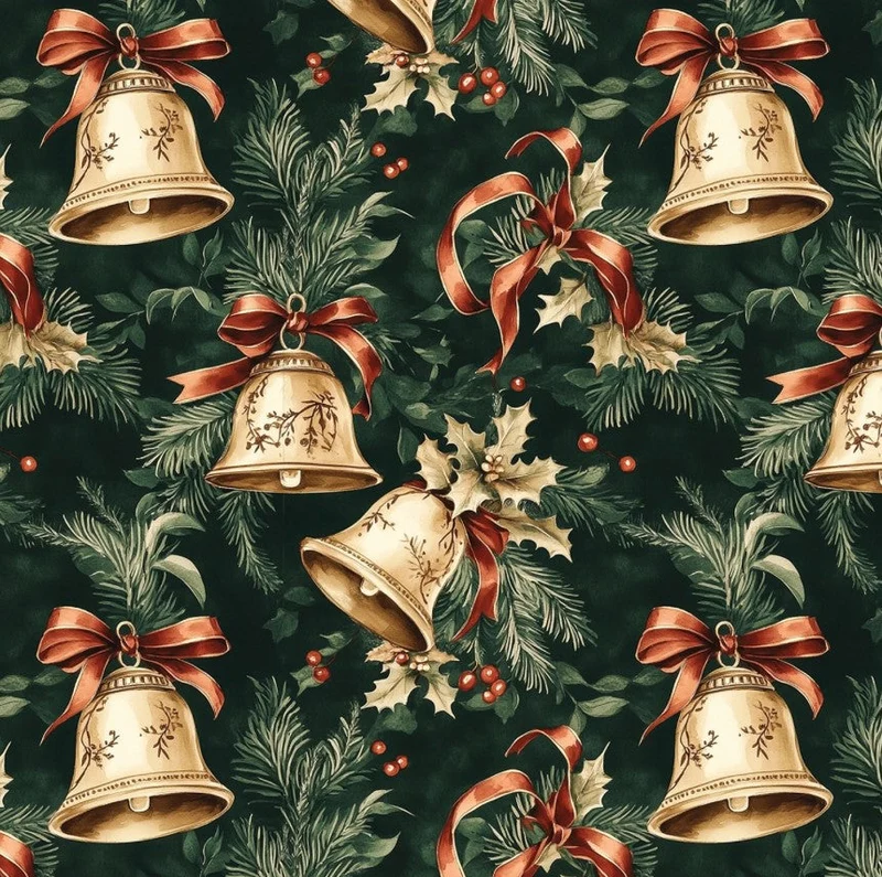 Christmas Gold Bells Holly Leaves on Green