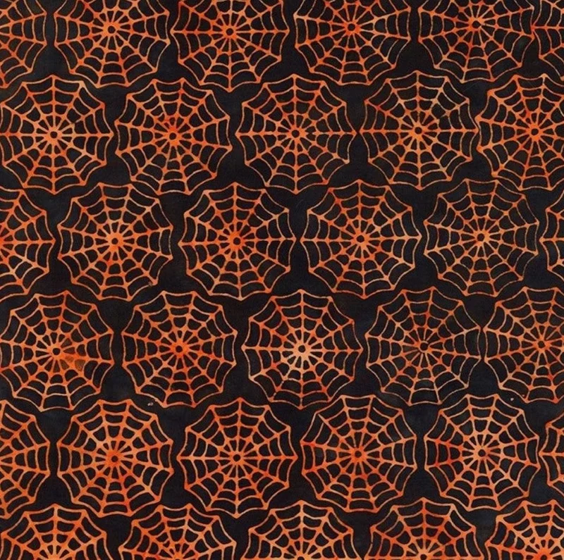 Halloween Batik Orange Spider Webs on Black Tonga