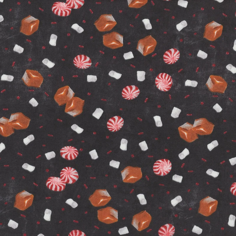 Christmas Peppermints Caramels Marshmallows on Black 100% Cotton Fabric