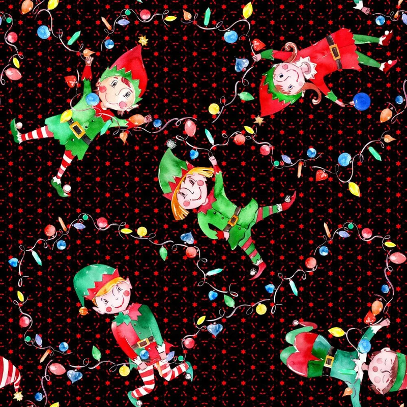 Christmas Dancing Elves Stringing Lights on Black 100% Cotton Fabric