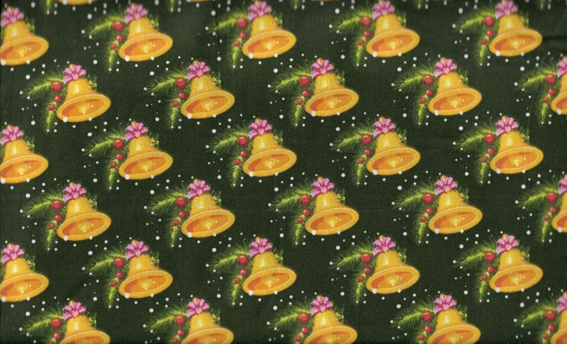 Christmas Gold Bells on Green 100% Cotton Fabric