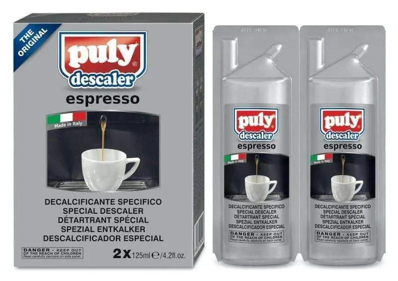 Scatola con 2 flaconi da 120ml di puly descaler espresso decalcificante per macchine da caffè Ennebiservice