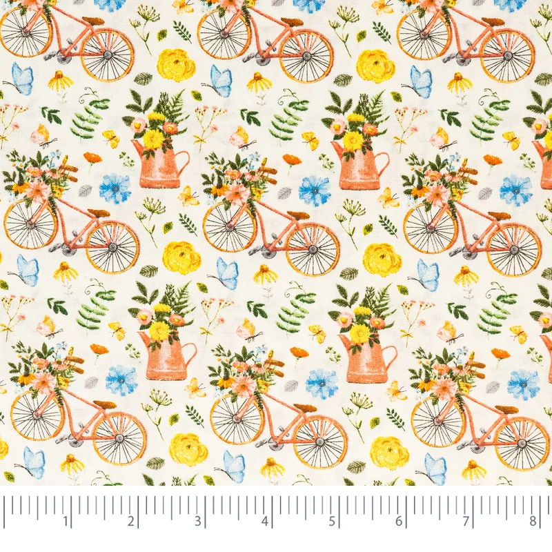 SINGER® Fabric, 100% Cotton, 44 Inch Wide, Bikes And Gardening White, Cut by the Yard