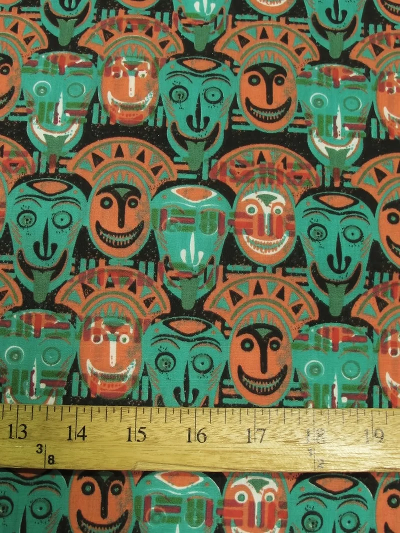 African Cultural Masks Multi Green Polyester Cotton Fabric