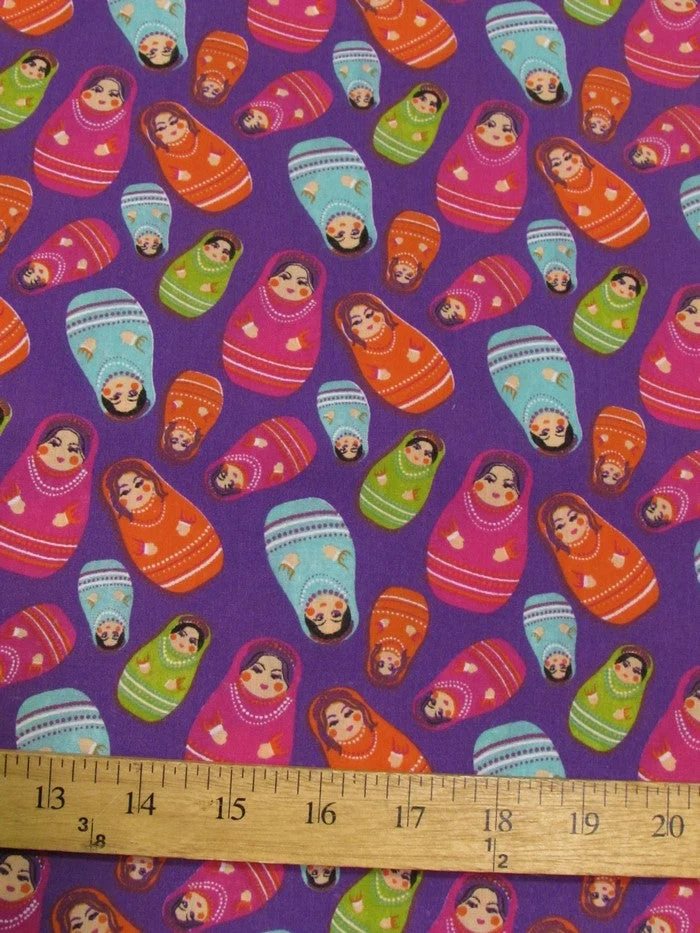 Russian Matryoshka Doll Magenta Polyester Cotton Fabric