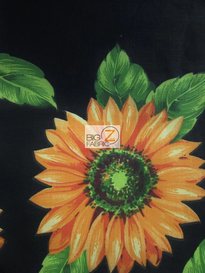 Sunflower Flower Black Poly Cotton Fabric