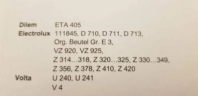 Sacchi per aspirapolvere Electrolux Volta Dilem E2